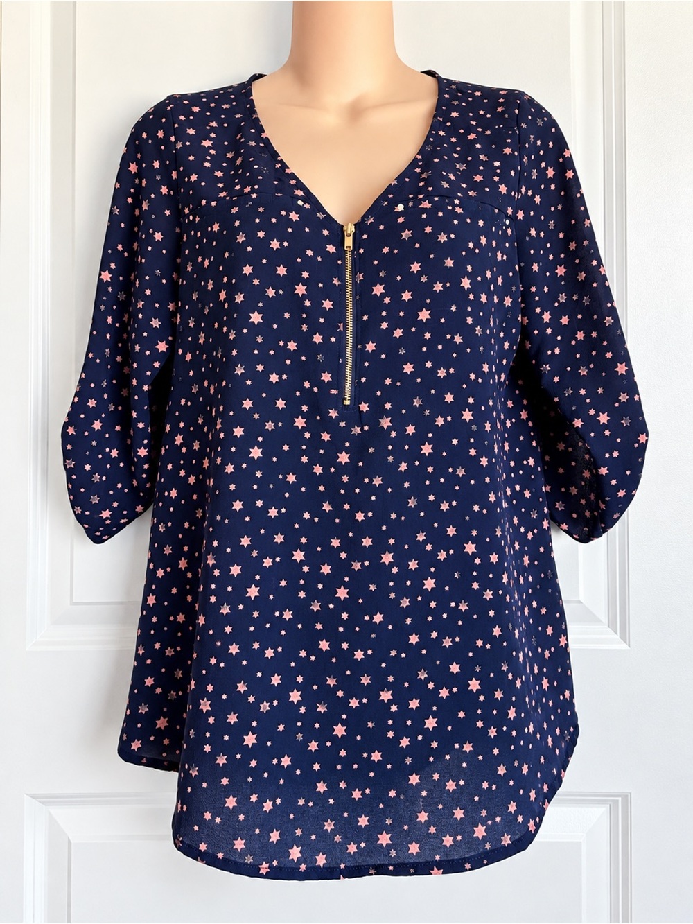 Tempted Navy Blue Pink Star Print 3/4 Sleeve Blouse – Size Small